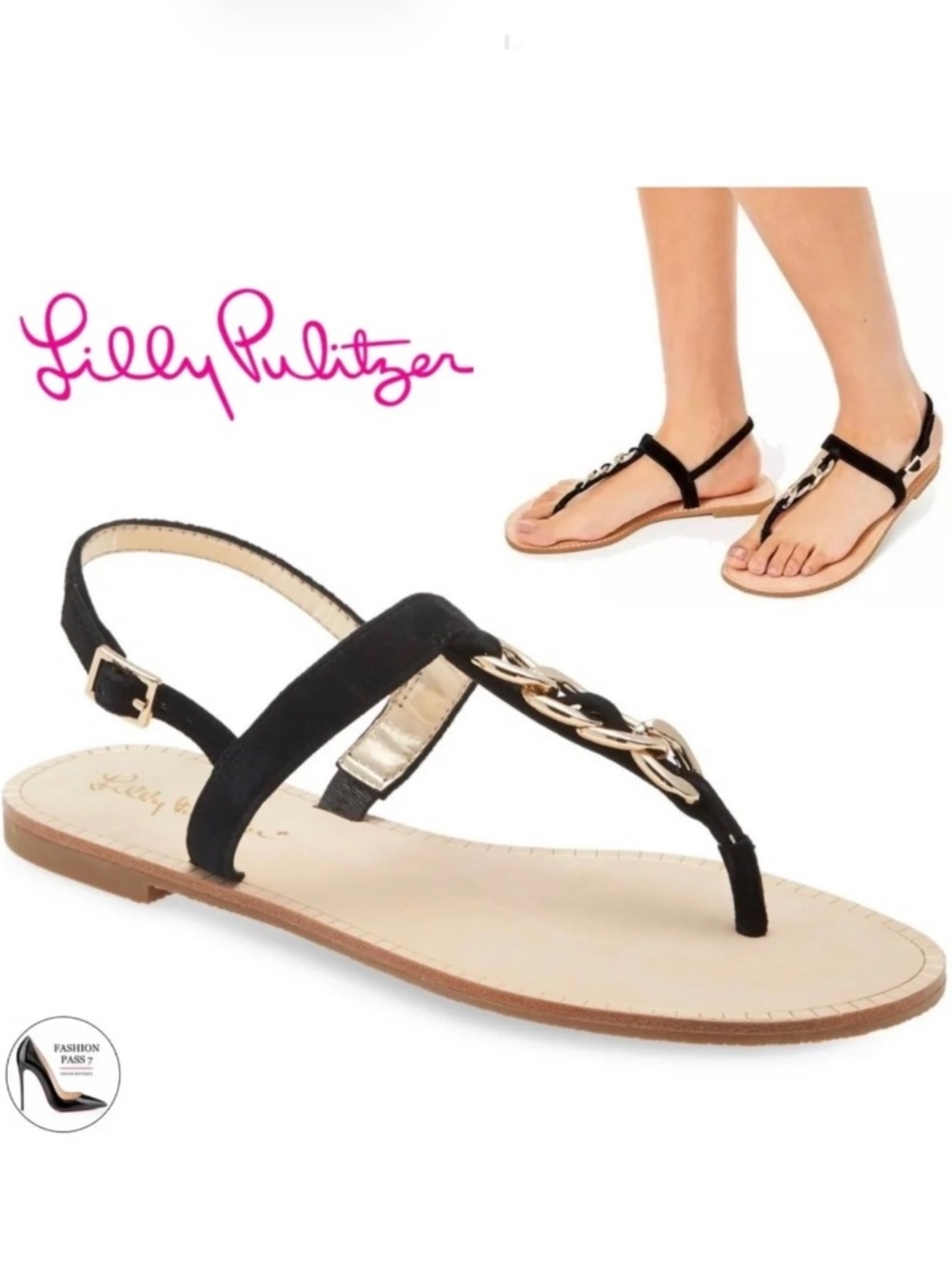 Lilly Pulitzer Largo T-Strap Sandal Onyx Suede Leather Ankle Strap Flat Sandal 8